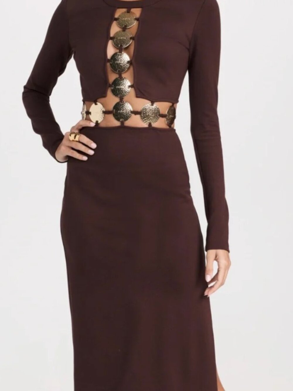 STAUD Chocolate Long Sleeve Dress with Gold Accents